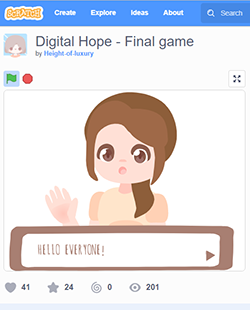 Screen shot of the Scratch project. The screenshot shows an illustration of a young girl with a text box with the words, hello everyone. 