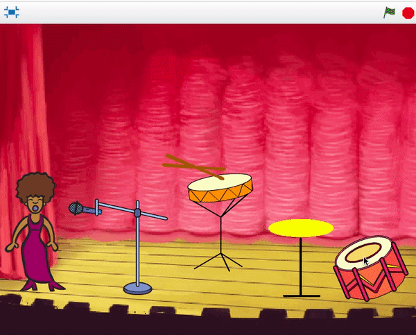 A gif of the Rock band animation - featuring a female singer on a stage wearing a pink dress. 